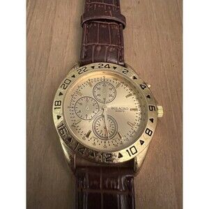 Milagro Watch Men Gold Tone Brown Faux Leather Band 40 MM New Battery 9"